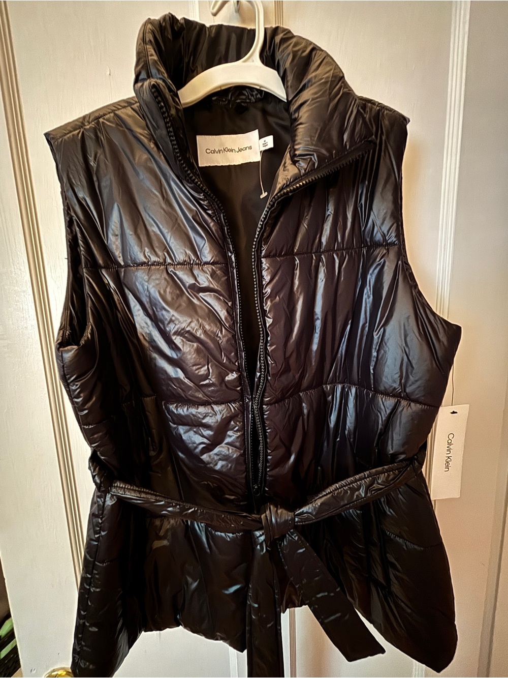 Calvin Klein Jeans Glossy Black Quilted Puffer Vest with Belt